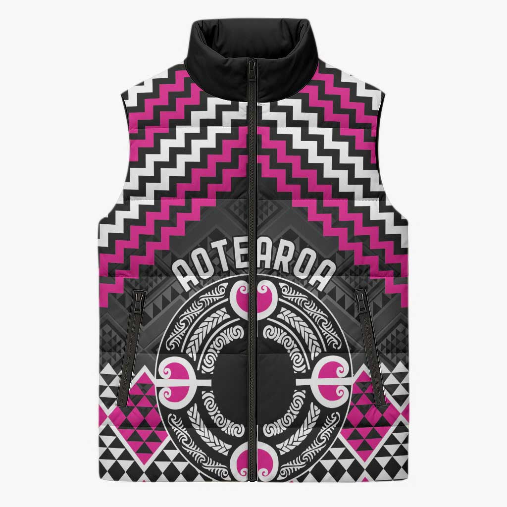 Personalised Aotearoa Niho Taniwha Motif Sleeveless Puffer Jacket Pink Style LT9 Unisex Pink - Polynesian Pride