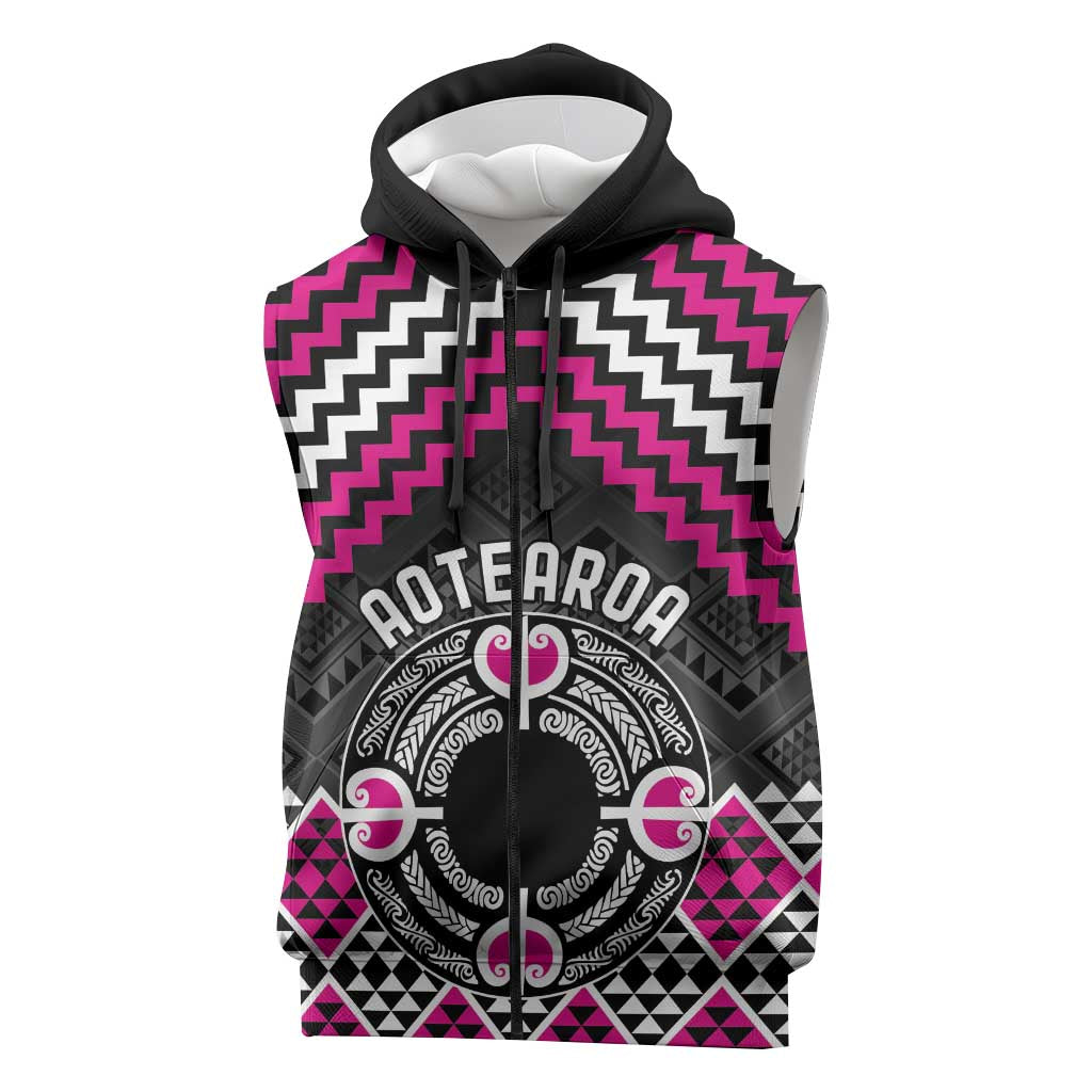Personalised Aotearoa Niho Taniwha Motif Sleeveless Zip Hoodie Pink Style LT9 Pink - Polynesian Pride
