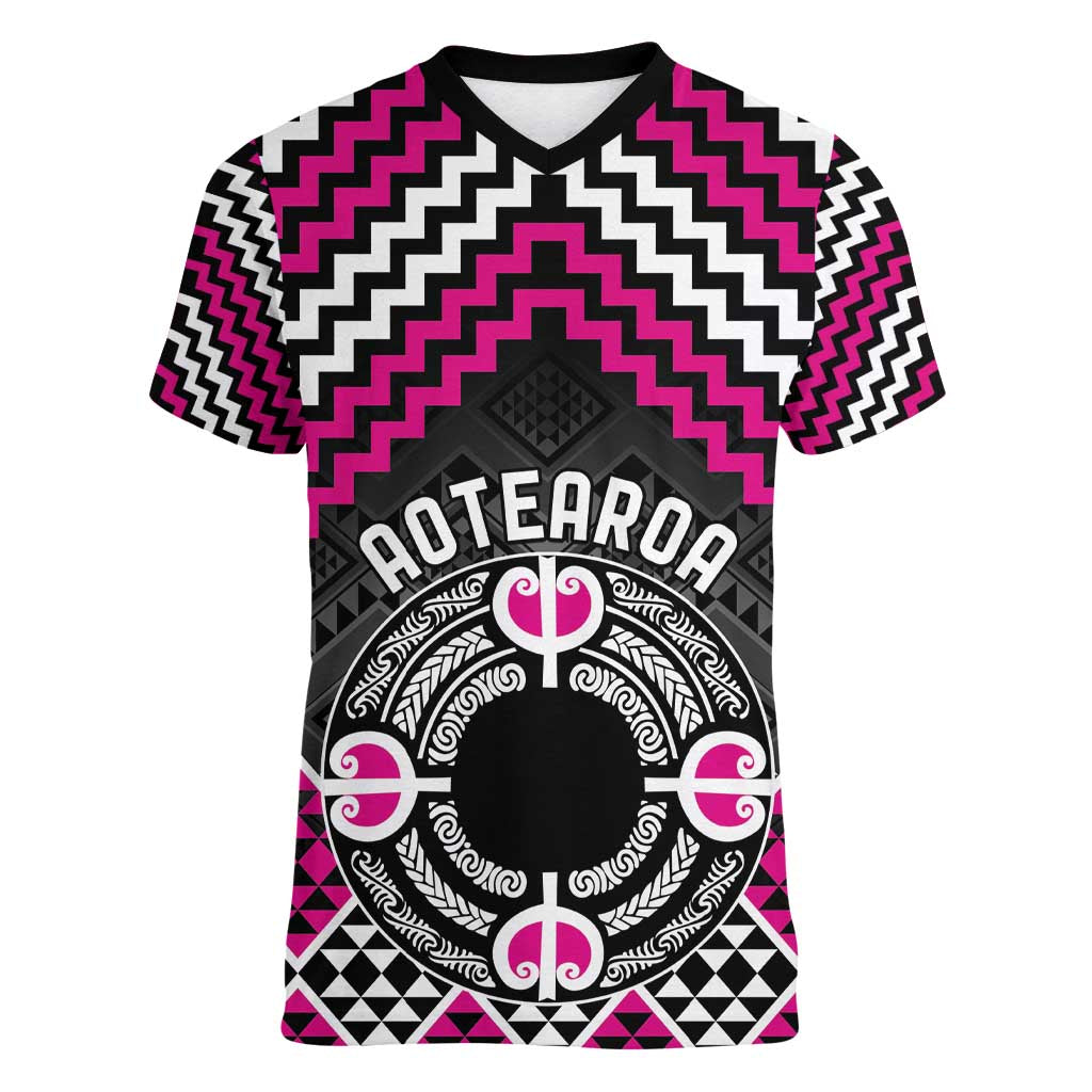 Personalised Aotearoa Niho Taniwha Motif Women V-Neck T-Shirt Pink Style