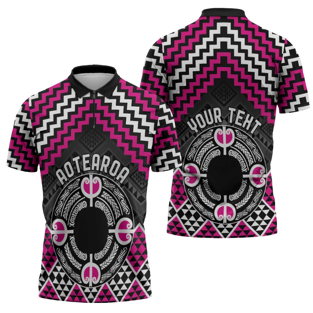 Personalised Aotearoa Niho Taniwha Motif Zipper Polo Shirt Pink Style - Polynesian Pride