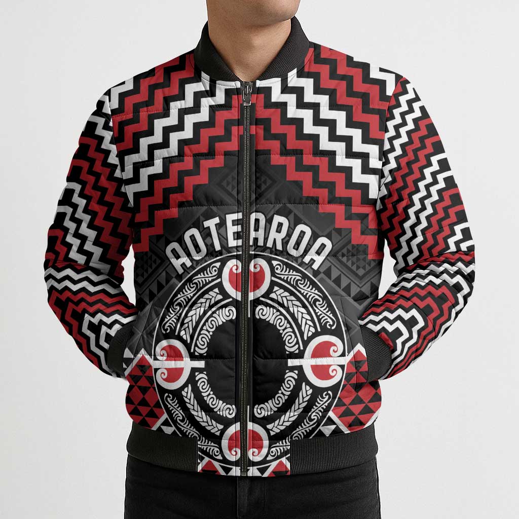 Personalised Aotearoa Niho Taniwha Motif Bomber Puffer Jacket Red Style - Polynesian Pride