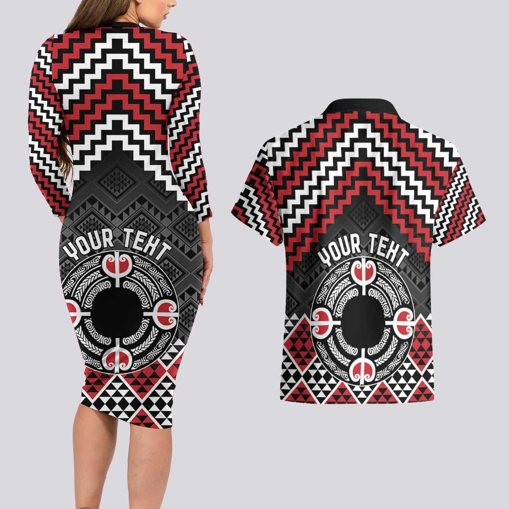 Personalised Aotearoa Niho Taniwha Motif Couples Matching Long Sleeve Bodycon Dress and Hawaiian Shirt Red Style