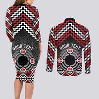 Personalised Aotearoa Niho Taniwha Motif Couples Matching Long Sleeve Bodycon Dress and Long Sleeve Button Shirt Red Style