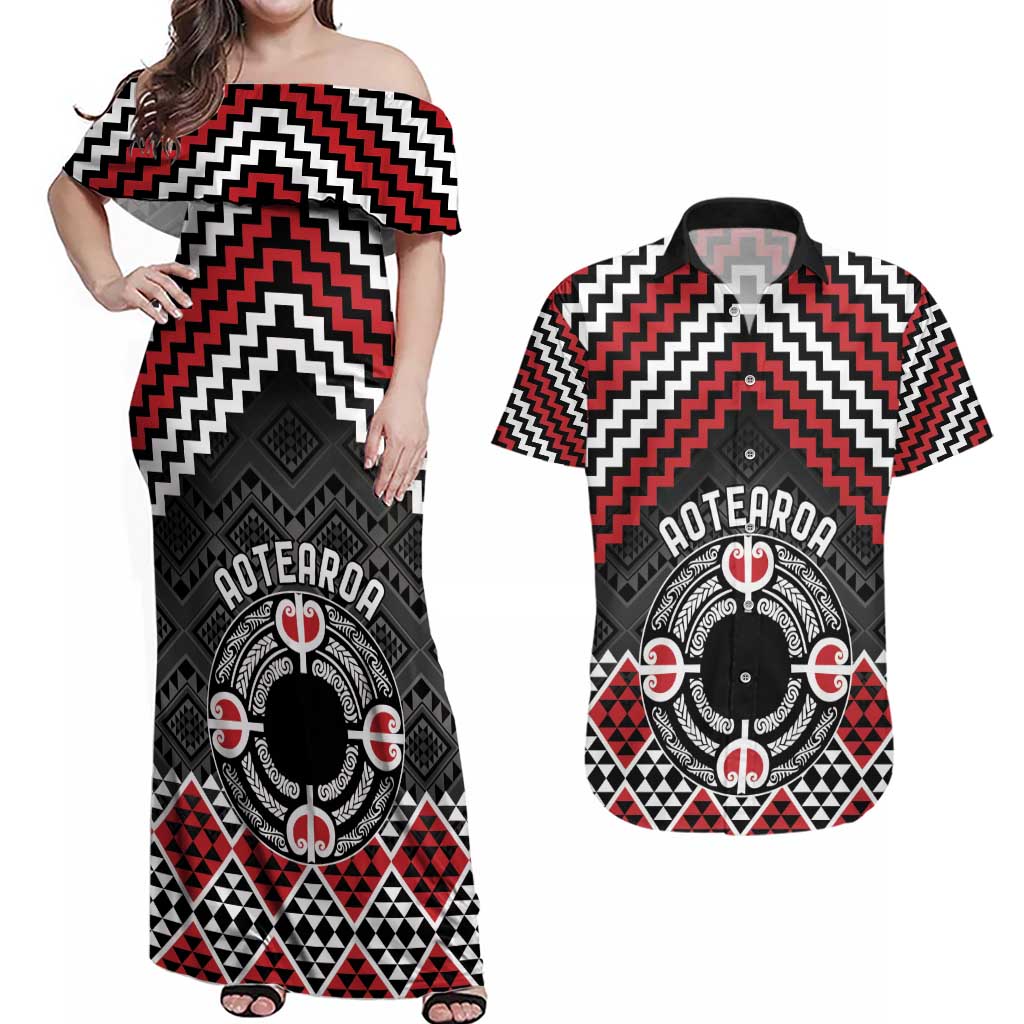 Personalised Aotearoa Niho Taniwha Motif Couples Matching Off Shoulder Maxi Dress and Hawaiian Shirt Red Style