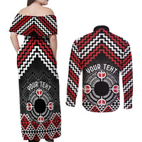 Personalised Aotearoa Niho Taniwha Motif Couples Matching Off Shoulder Maxi Dress and Long Sleeve Button Shirt Red Style