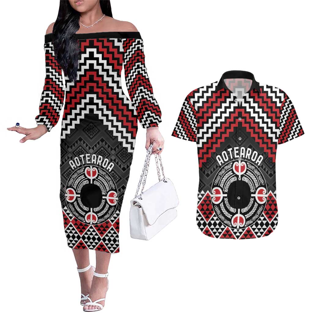Personalised Aotearoa Niho Taniwha Motif Couples Matching Off The Shoulder Long Sleeve Dress and Hawaiian Shirt Red Style LT9 Red - Polynesian Pride