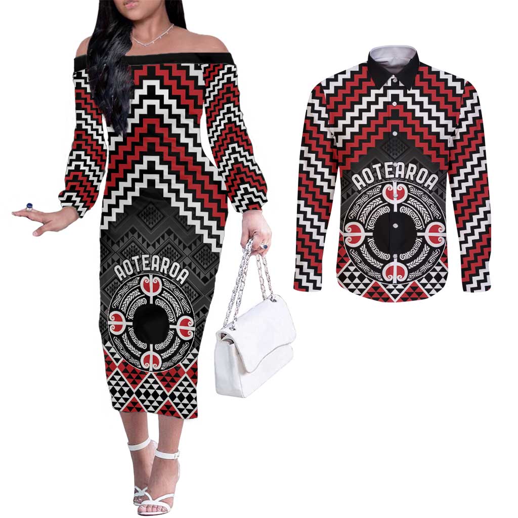 Personalised Aotearoa Niho Taniwha Motif Couples Matching Off The Shoulder Long Sleeve Dress and Long Sleeve Button Shirt Red Style