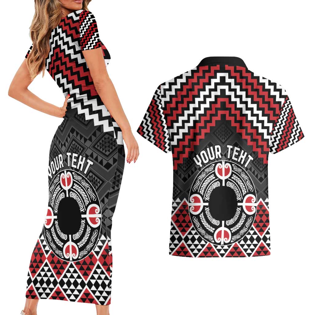 Personalised Aotearoa Niho Taniwha Motif Couples Matching Short Sleeve Bodycon Dress and Hawaiian Shirt Red Style