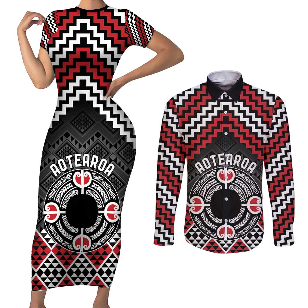 Personalised Aotearoa Niho Taniwha Motif Couples Matching Short Sleeve Bodycon Dress and Long Sleeve Button Shirt Red Style