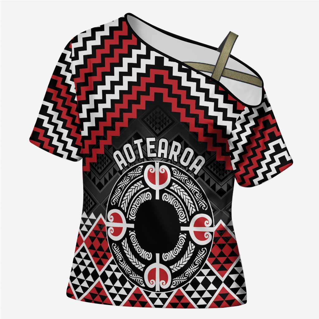Personalised Aotearoa Niho Taniwha Motif Cross Shoulder Shirt Red Style LT9 Female Red - Polynesian Pride