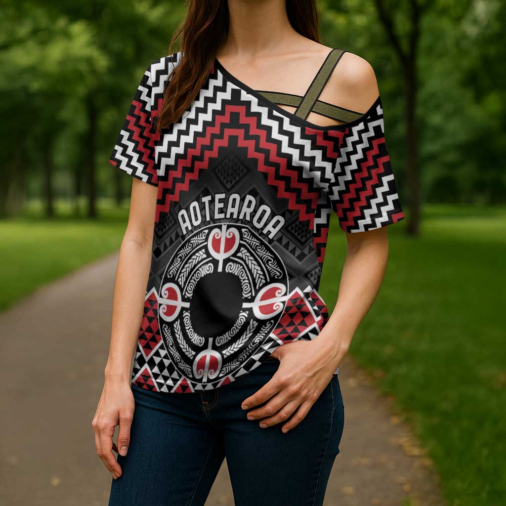 Personalised Aotearoa Niho Taniwha Motif Cross Shoulder Shirt Red Style - Polynesian Pride