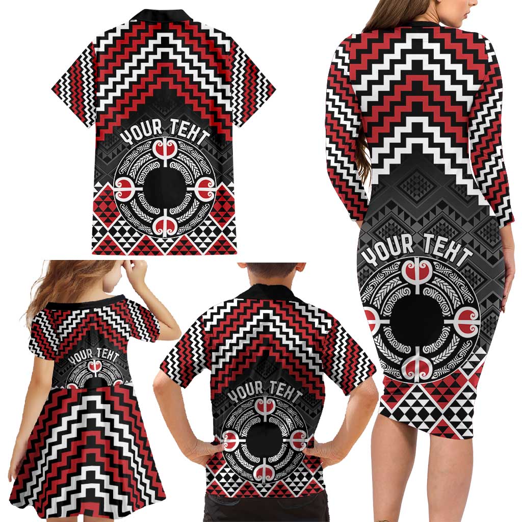 Personalised Aotearoa Niho Taniwha Motif Family Matching Long Sleeve Bodycon Dress and Hawaiian Shirt Red Style
