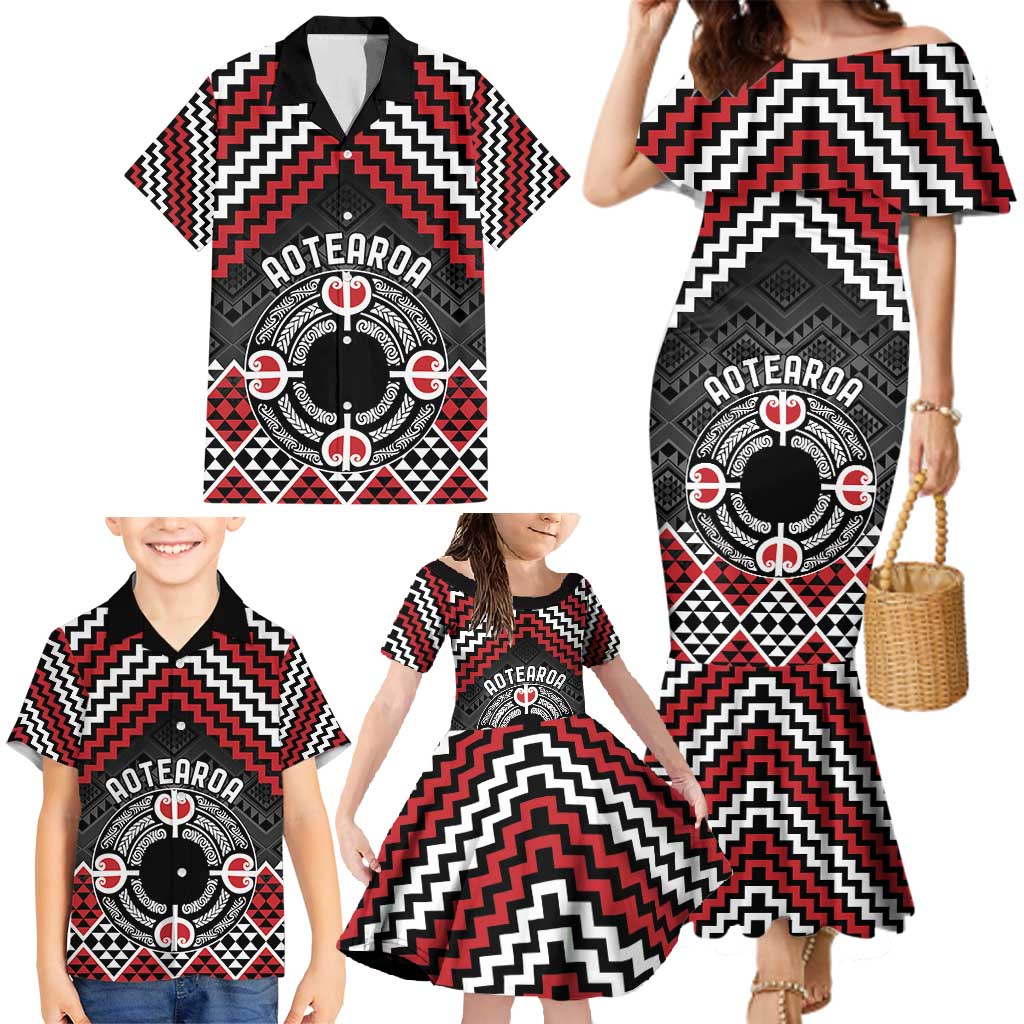 Personalised Aotearoa Niho Taniwha Motif Family Matching Mermaid Dress and Hawaiian Shirt Red Style
