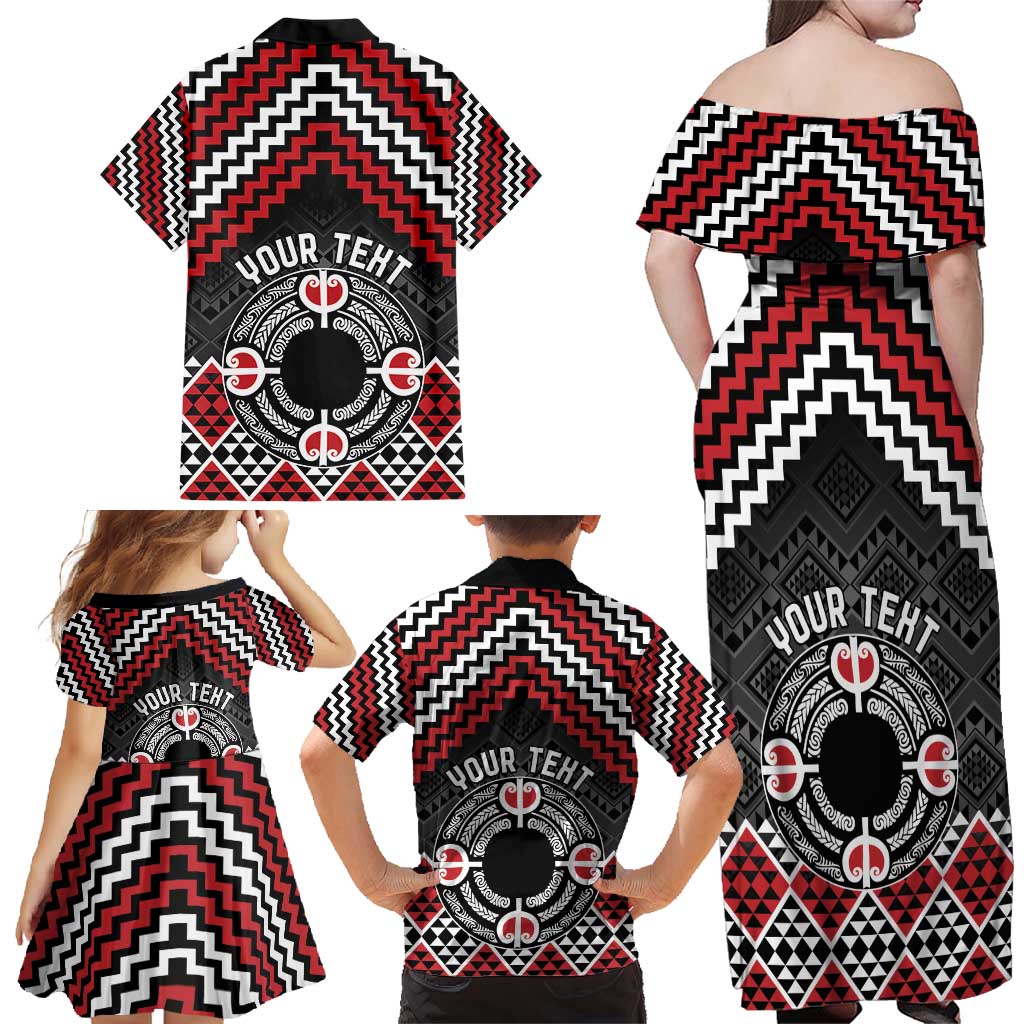 Personalised Aotearoa Niho Taniwha Motif Family Matching Off Shoulder Maxi Dress and Hawaiian Shirt Red Style