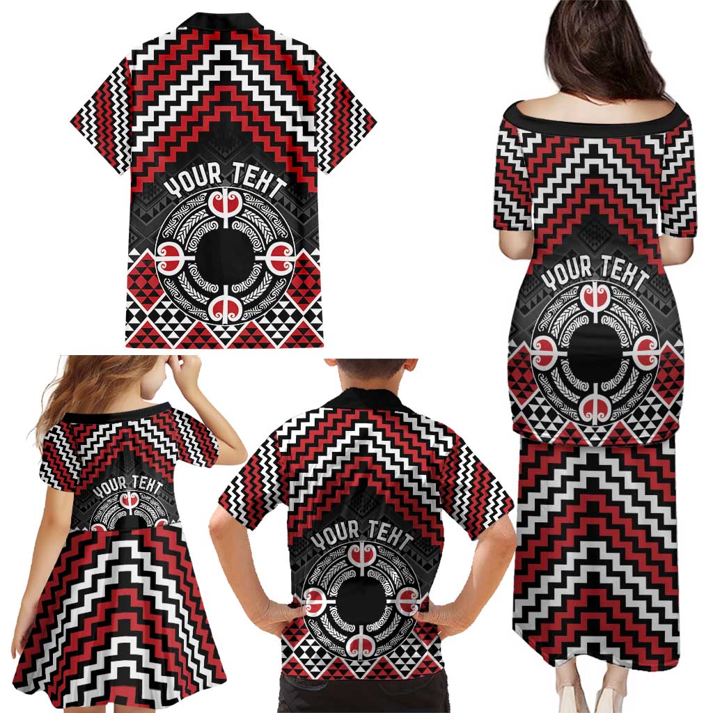 Personalised Aotearoa Niho Taniwha Motif Family Matching Puletasi and Hawaiian Shirt Red Style