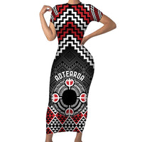 Personalised Aotearoa Niho Taniwha Motif Family Matching Short Sleeve Bodycon Dress and Hawaiian Shirt Red Style