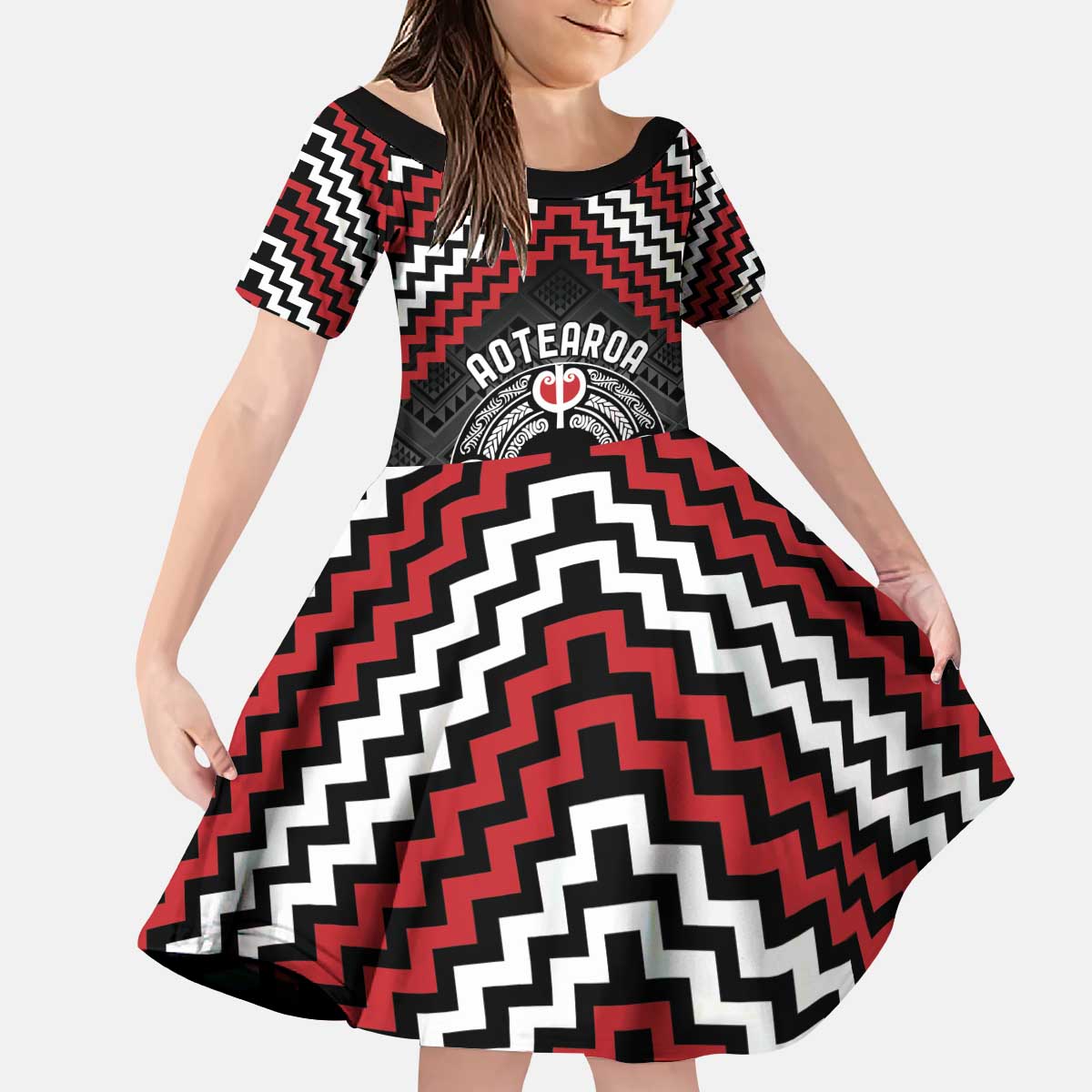 Personalised Aotearoa Niho Taniwha Motif Kid Short Sleeve Dress Red Style