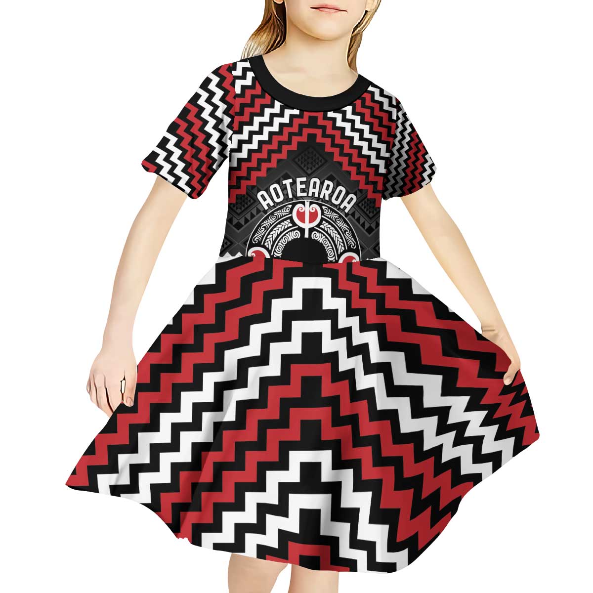 Personalised Aotearoa Niho Taniwha Motif Kid Short Sleeve Dress Red Style