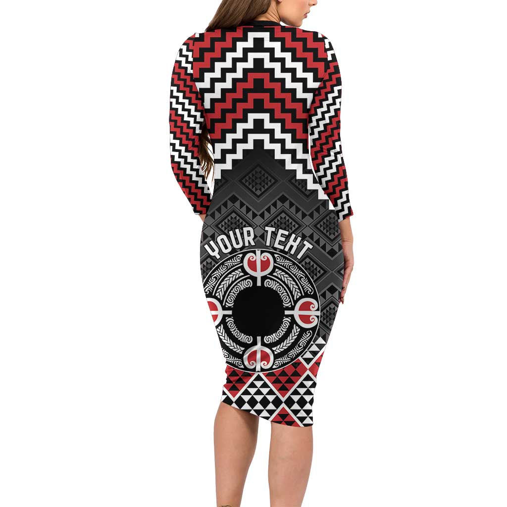 Personalised Aotearoa Niho Taniwha Motif Long Sleeve Bodycon Dress Red Style
