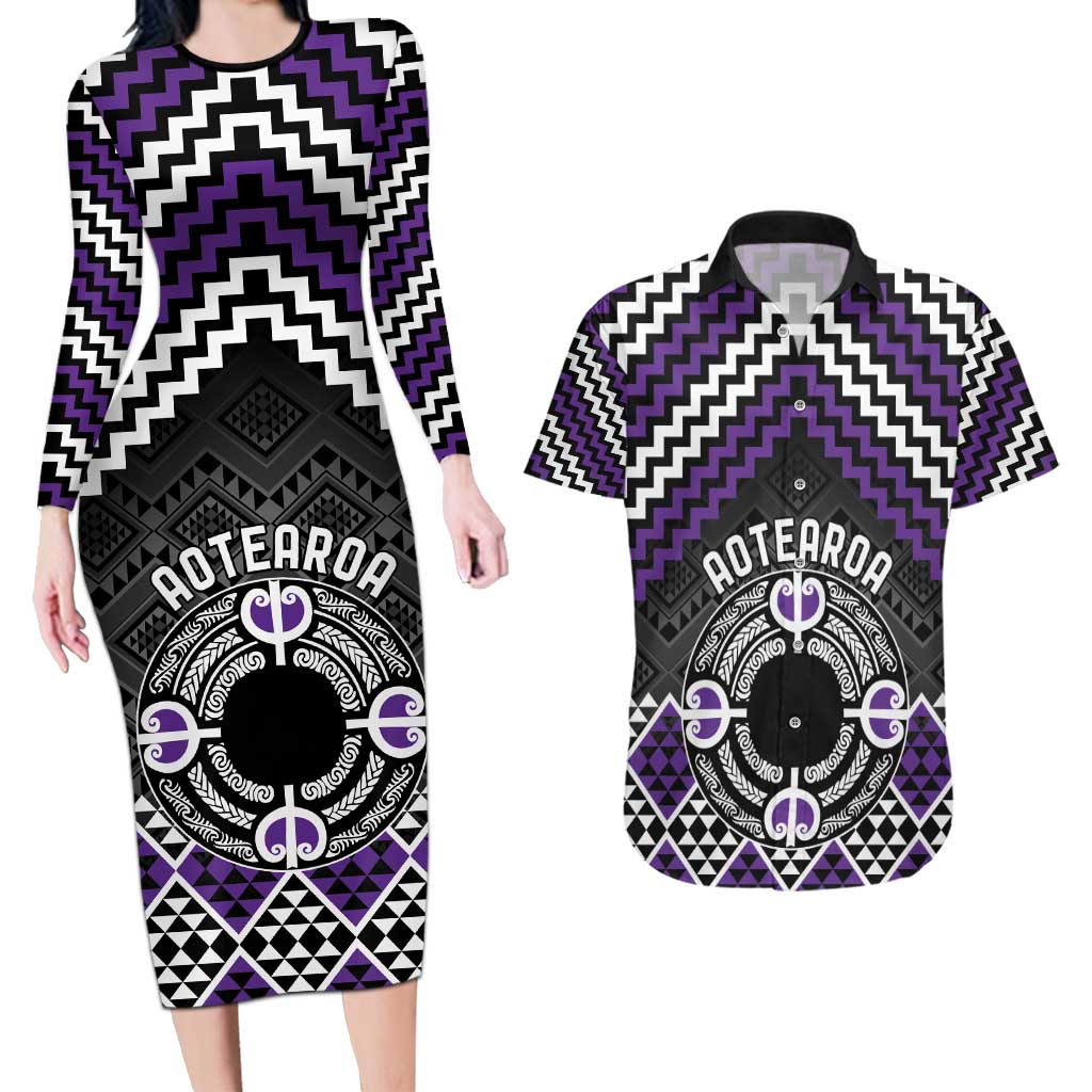 Personalised Aotearoa Niho Taniwha Motif Couples Matching Long Sleeve Bodycon Dress and Hawaiian Shirt Violet Style