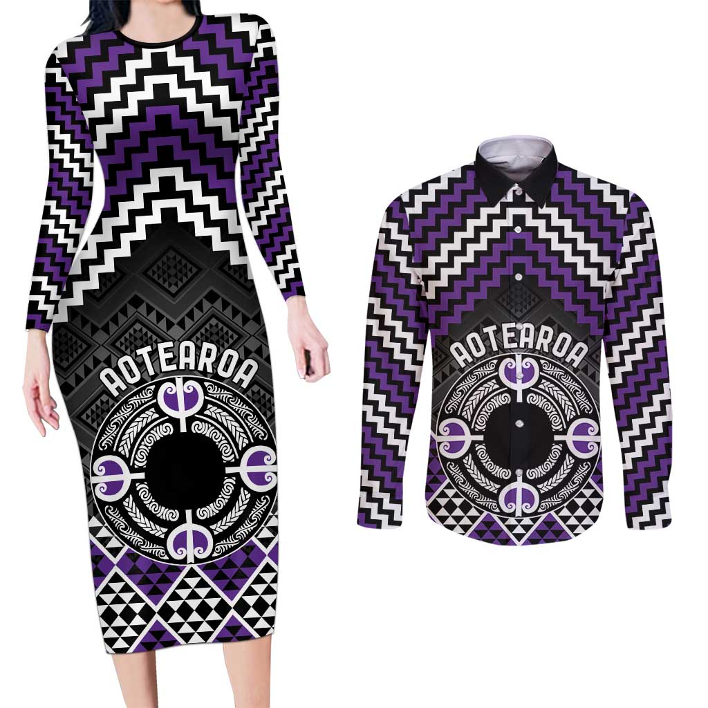Personalised Aotearoa Niho Taniwha Motif Couples Matching Long Sleeve Bodycon Dress and Long Sleeve Button Shirt Violet Style