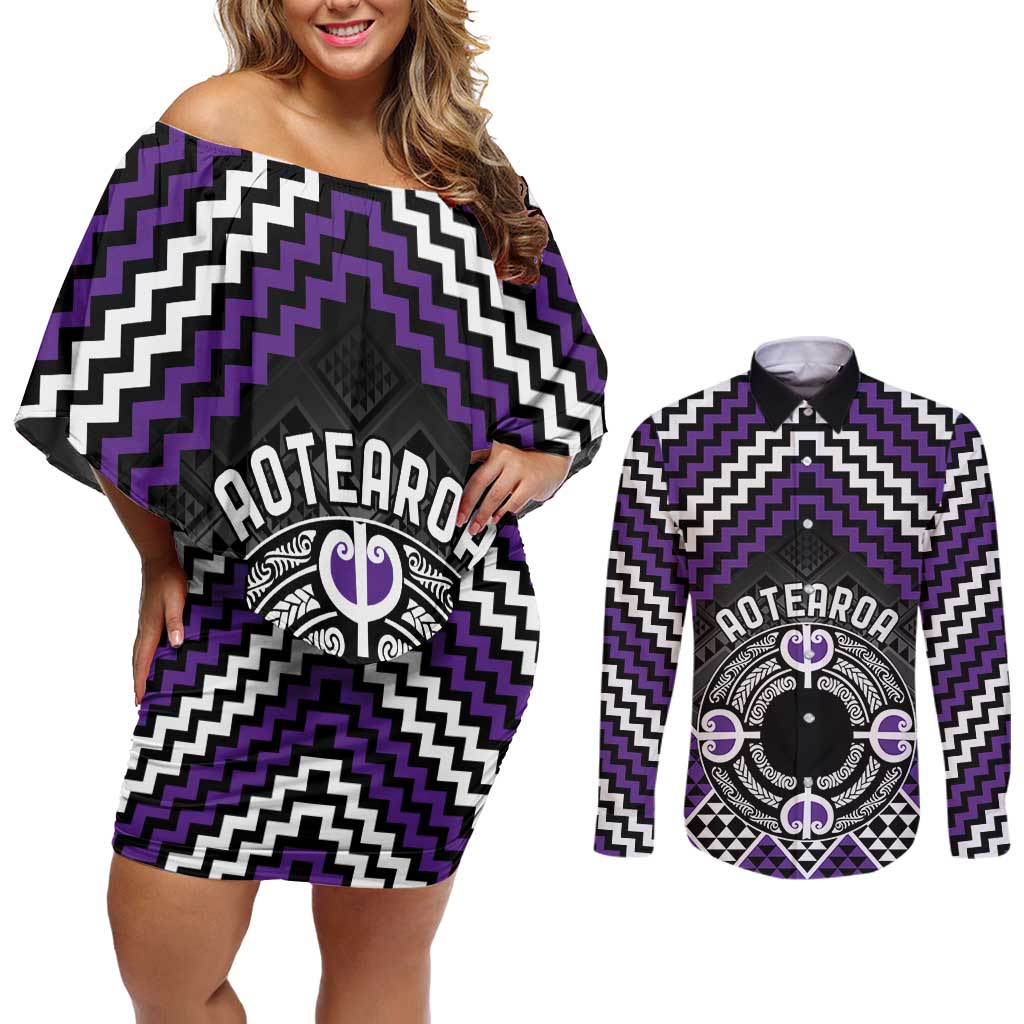 Personalised Aotearoa Niho Taniwha Motif Couples Matching Off Shoulder Short Dress and Long Sleeve Button Shirt Violet Style