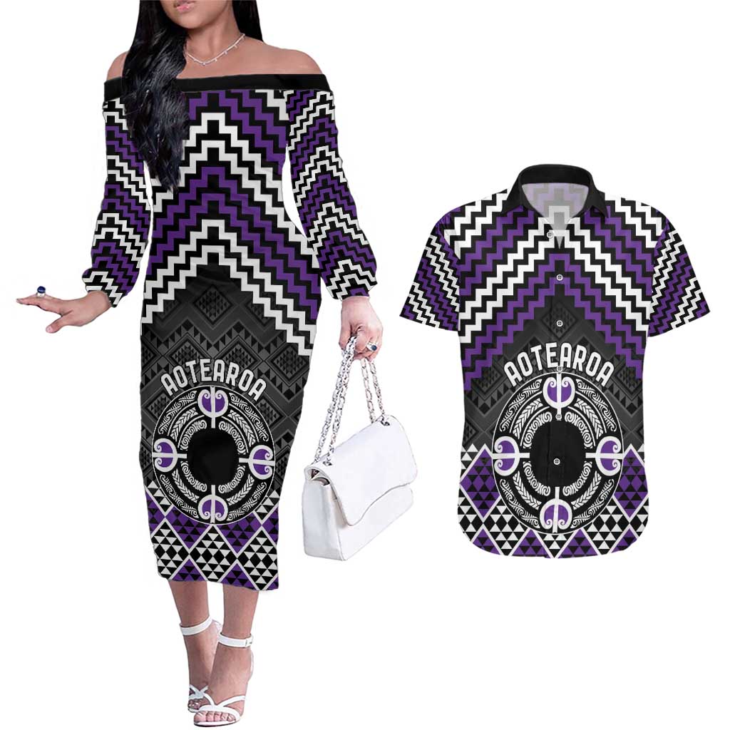 Personalised Aotearoa Niho Taniwha Motif Couples Matching Off The Shoulder Long Sleeve Dress and Hawaiian Shirt Violet Style