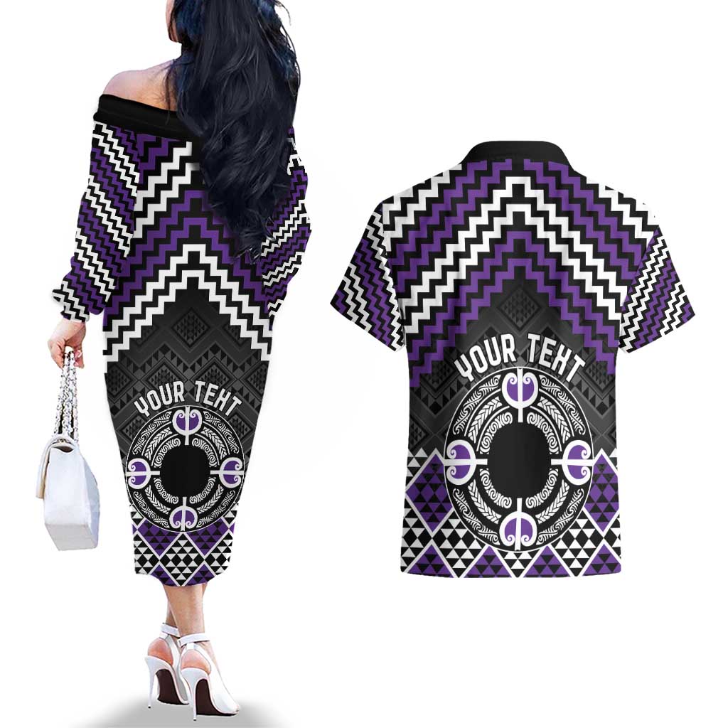 Personalised Aotearoa Niho Taniwha Motif Couples Matching Off The Shoulder Long Sleeve Dress and Hawaiian Shirt Violet Style