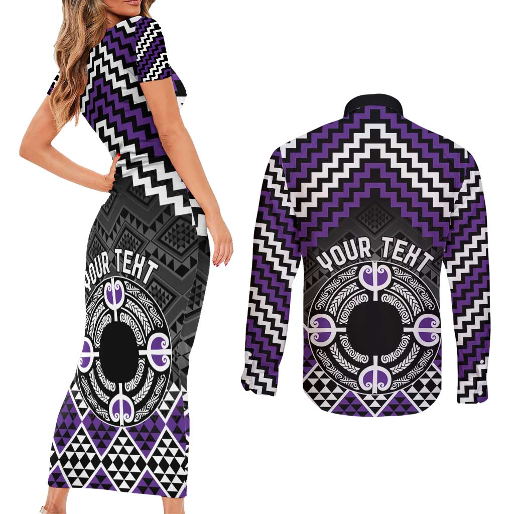 Personalised Aotearoa Niho Taniwha Motif Couples Matching Short Sleeve Bodycon Dress and Long Sleeve Button Shirt Violet Style