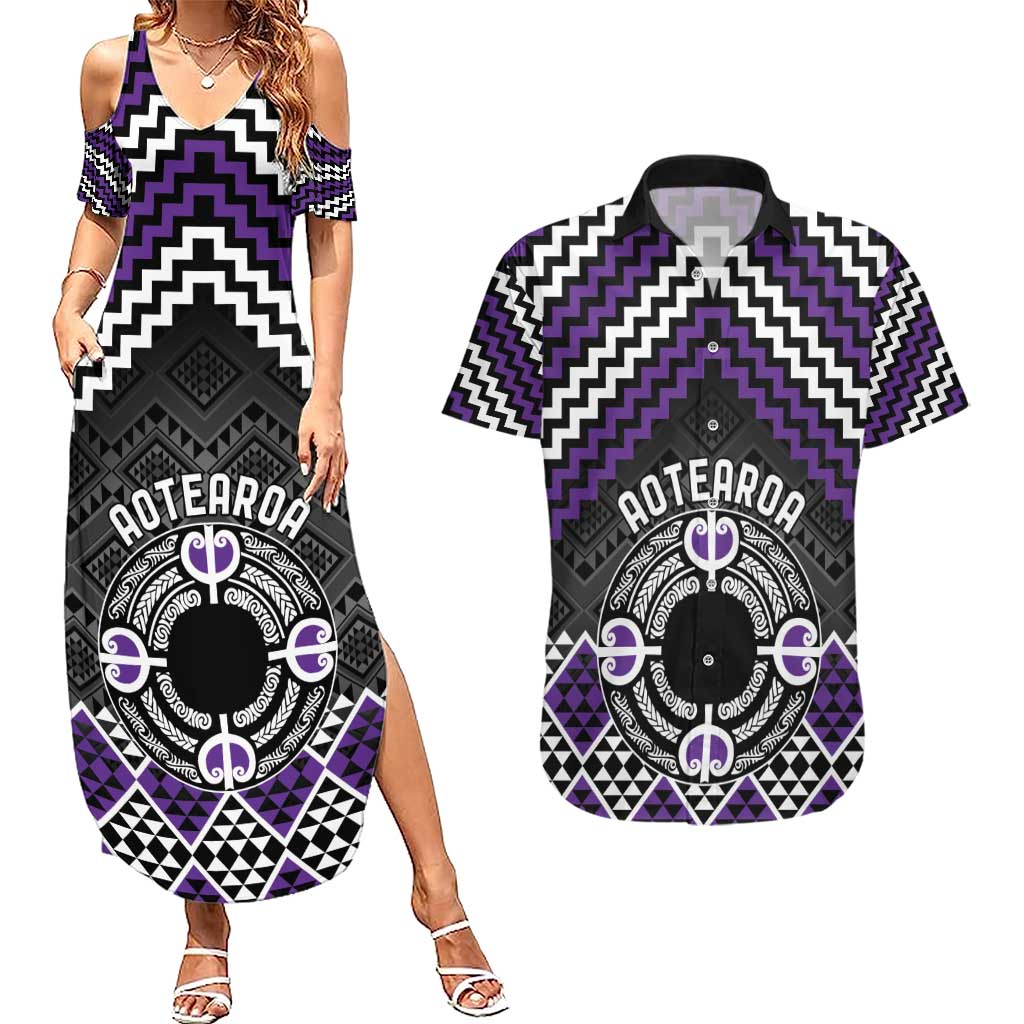 Personalised Aotearoa Niho Taniwha Motif Couples Matching Summer Maxi Dress and Hawaiian Shirt Violet Style