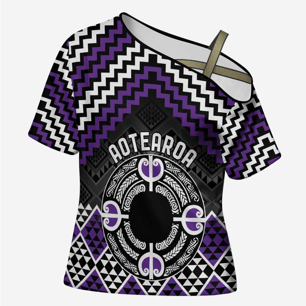 Personalised Aotearoa Niho Taniwha Motif Cross Shoulder Shirt Violet Style LT9 Female Violet - Polynesian Pride