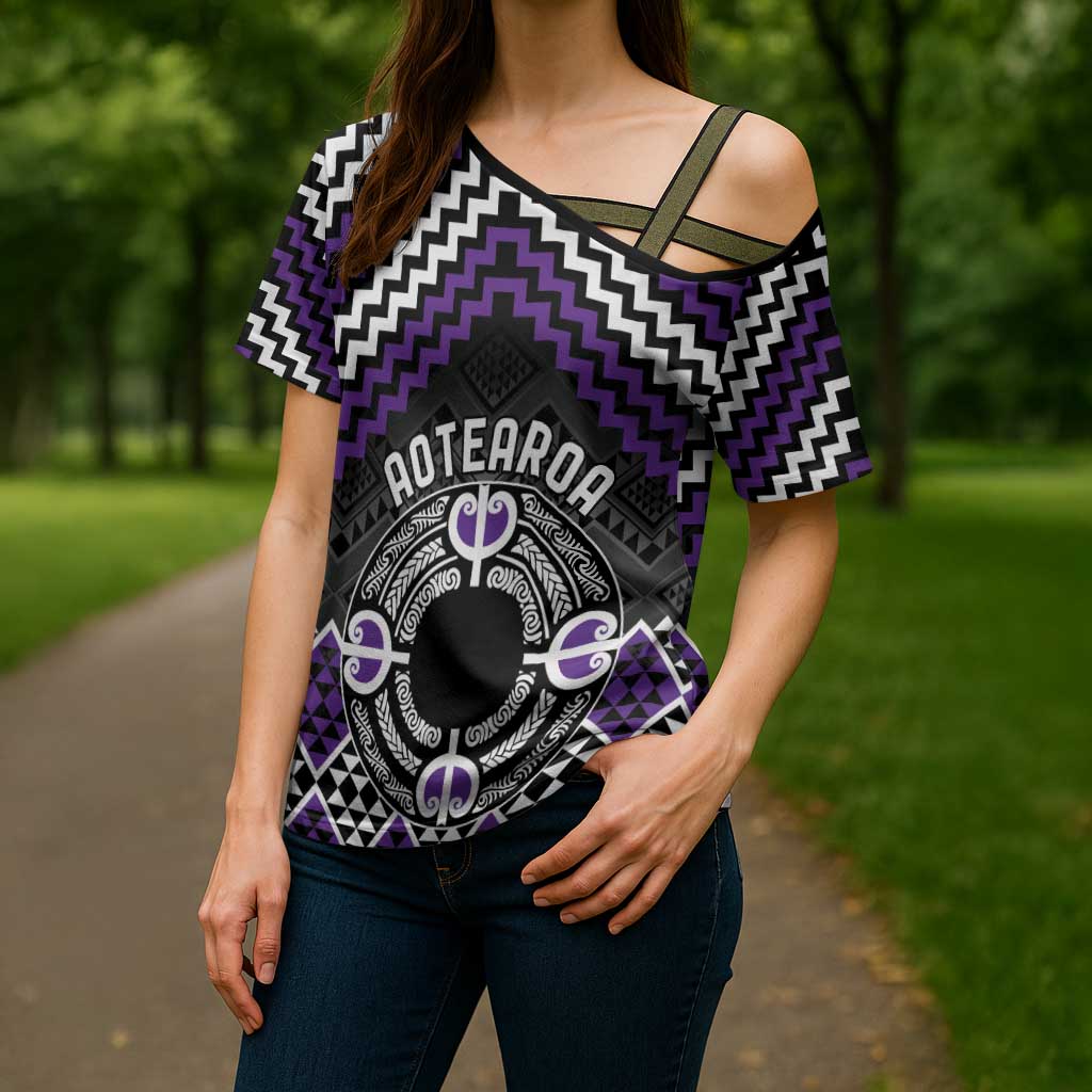 Personalised Aotearoa Niho Taniwha Motif Cross Shoulder Shirt Violet Style - Polynesian Pride
