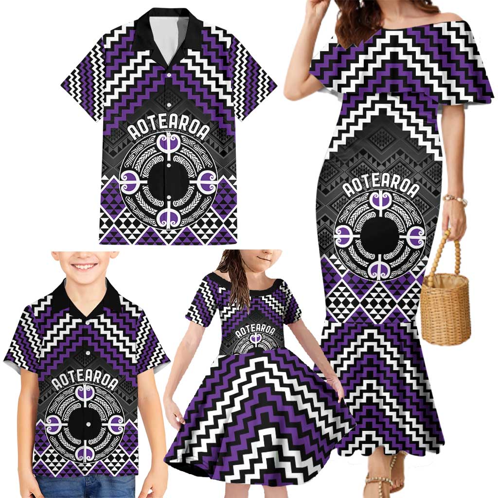 Personalised Aotearoa Niho Taniwha Motif Family Matching Mermaid Dress and Hawaiian Shirt Violet Style