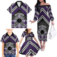 Personalised Aotearoa Niho Taniwha Motif Family Matching Off The Shoulder Long Sleeve Dress and Hawaiian Shirt Violet Style