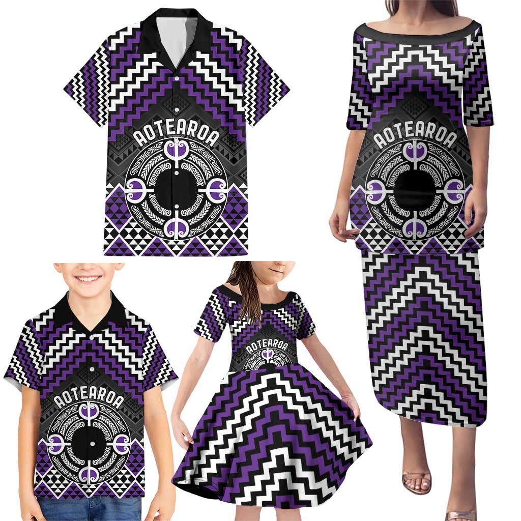 Personalised Aotearoa Niho Taniwha Motif Family Matching Puletasi and Hawaiian Shirt Violet Style