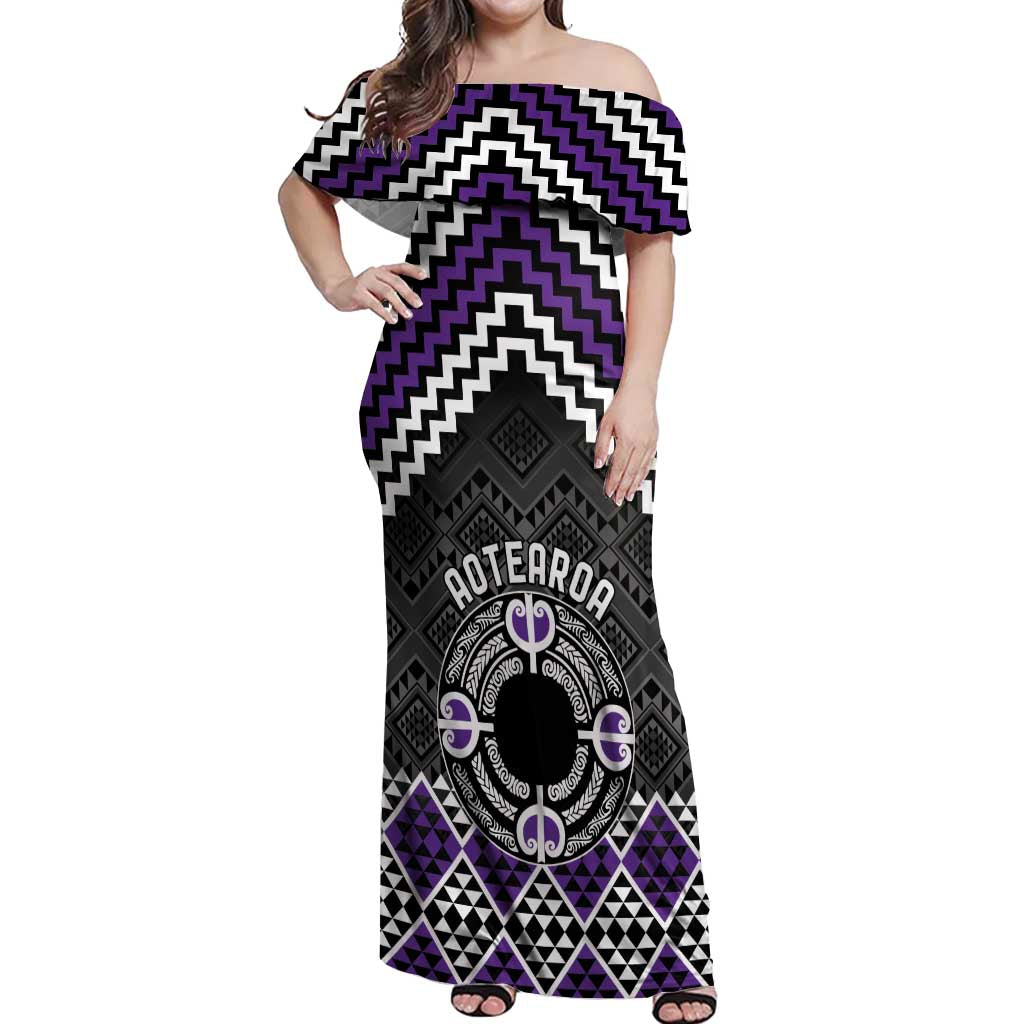 Personalised Aotearoa Niho Taniwha Motif Off Shoulder Maxi Dress Violet Style