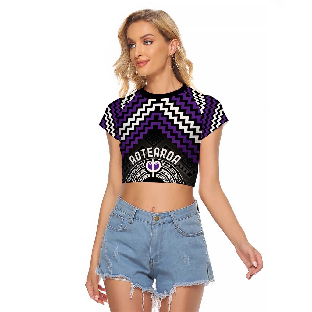 Personalised Aotearoa Niho Taniwha Motif Raglan Cropped T Shirt Violet Style LT9 Female Violet - Polynesian Pride