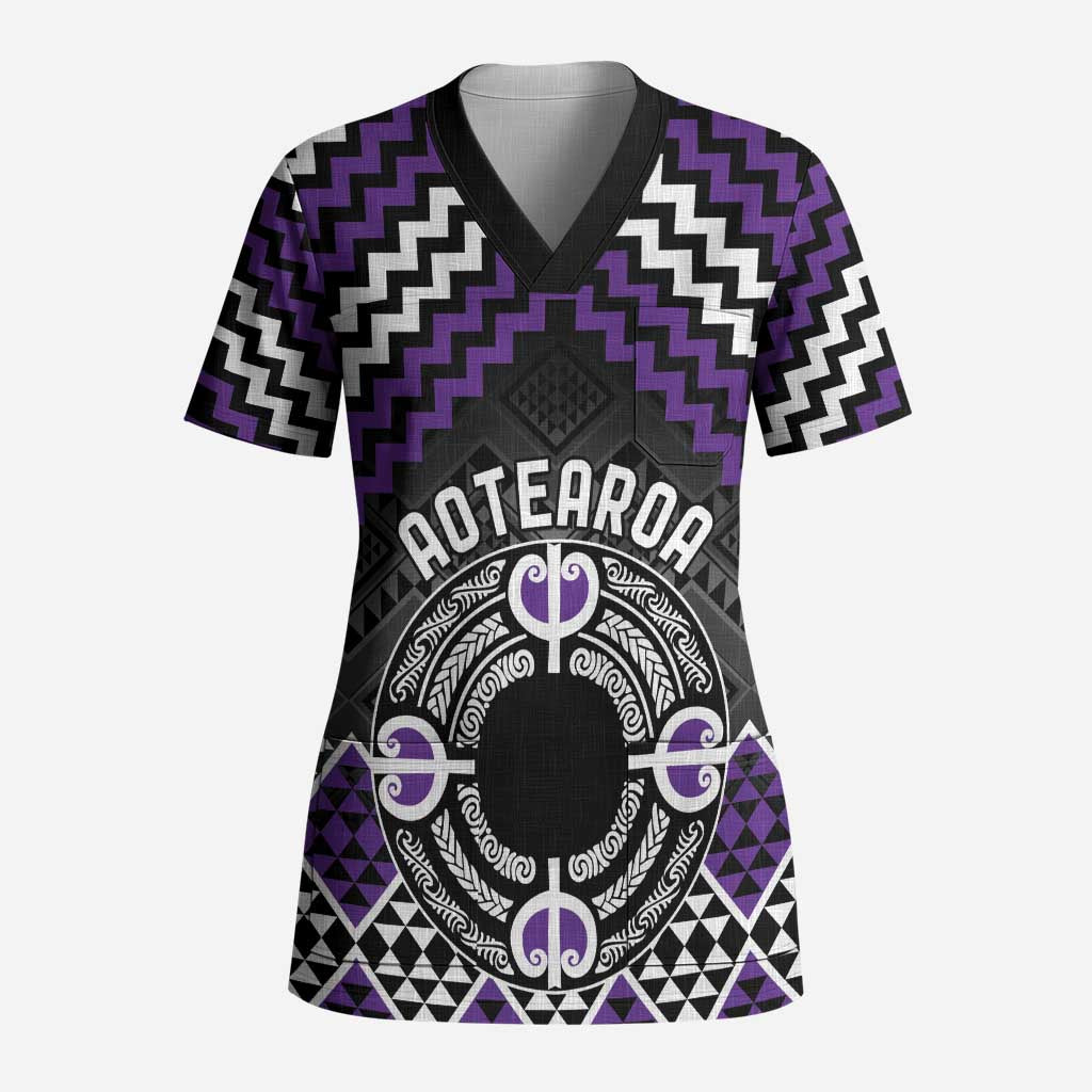 Personalised Aotearoa Niho Taniwha Motif Scrub Top Violet Style LT9 Adult Violet - Polynesian Pride