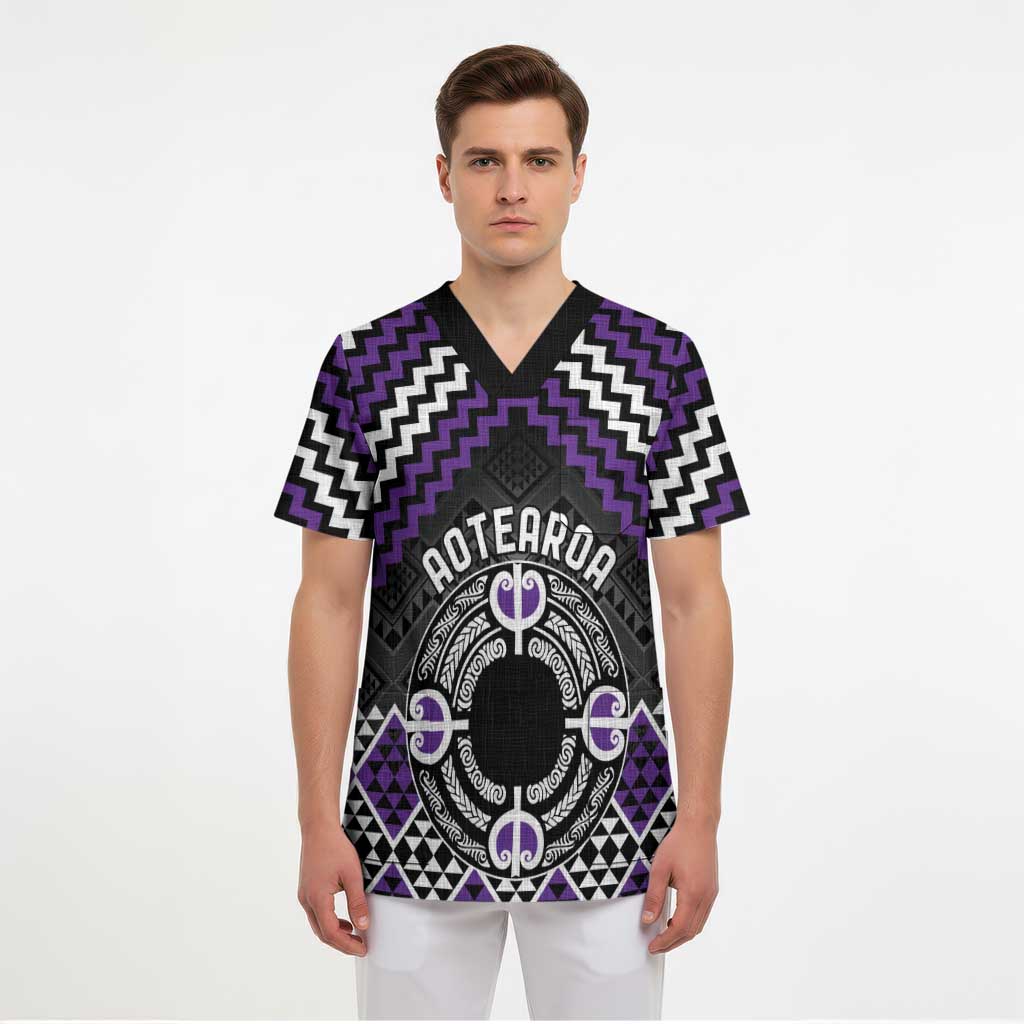 Personalised Aotearoa Niho Taniwha Motif Scrub Top Violet Style - Polynesian Pride