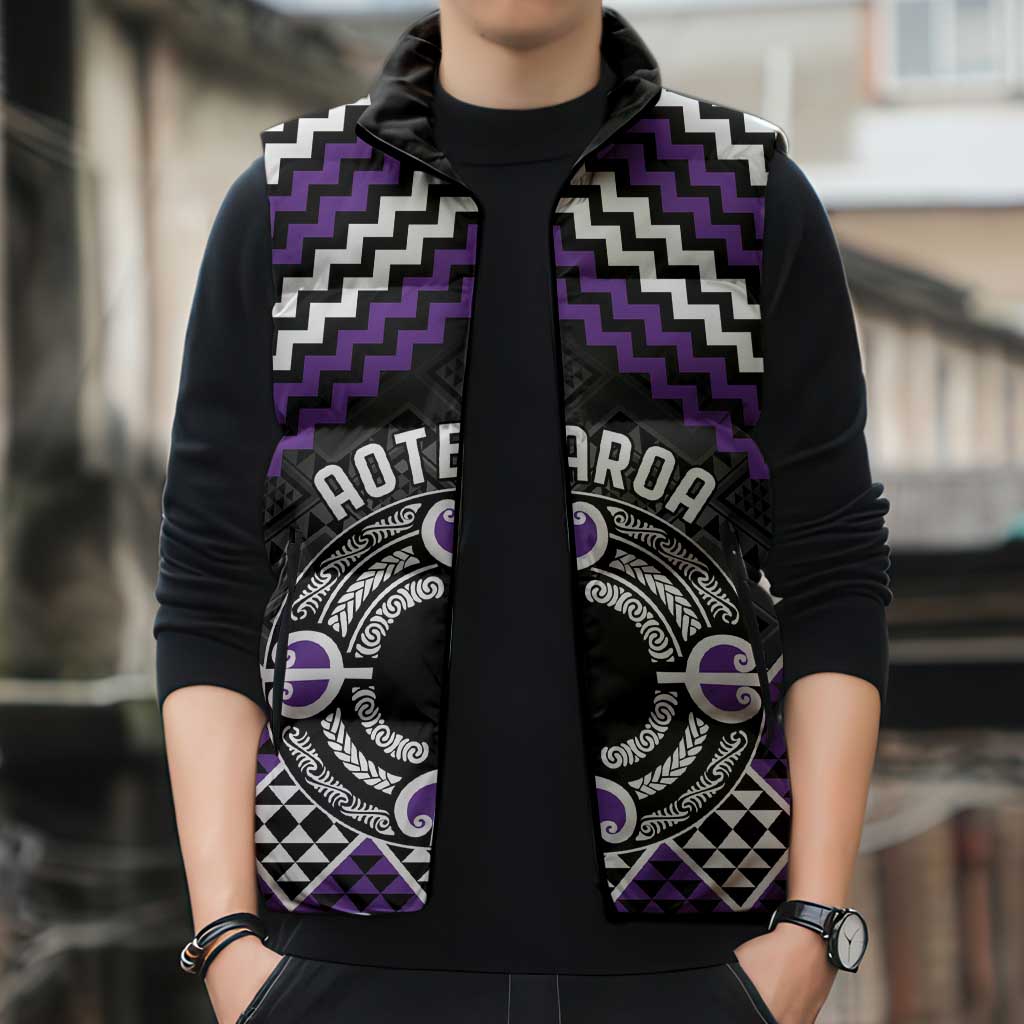 Personalised Aotearoa Niho Taniwha Motif Sleeveless Puffer Jacket Violet Style - Polynesian Pride