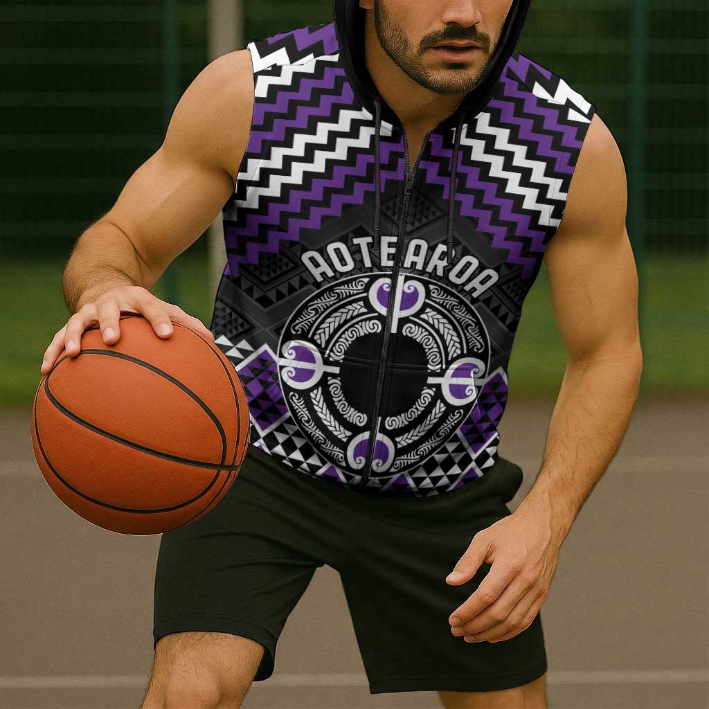 Personalised Aotearoa Niho Taniwha Motif Sleeveless Zip Hoodie Violet Style - Polynesian Pride