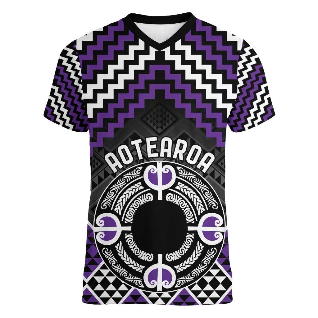 Personalised Aotearoa Niho Taniwha Motif Women V-Neck T-Shirt Violet Style