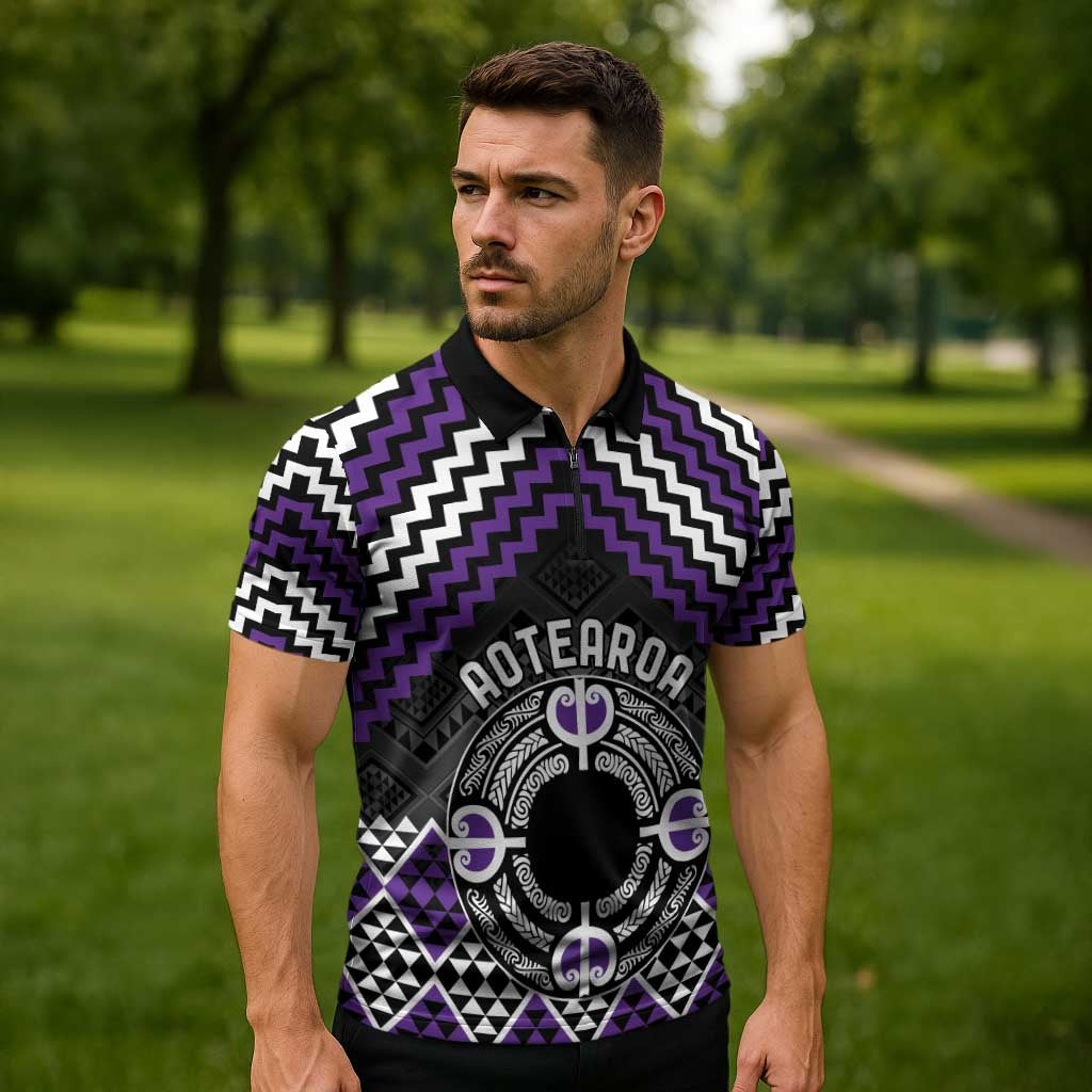 Personalised Aotearoa Niho Taniwha Motif Zipper Polo Shirt Violet Style - Polynesian Pride