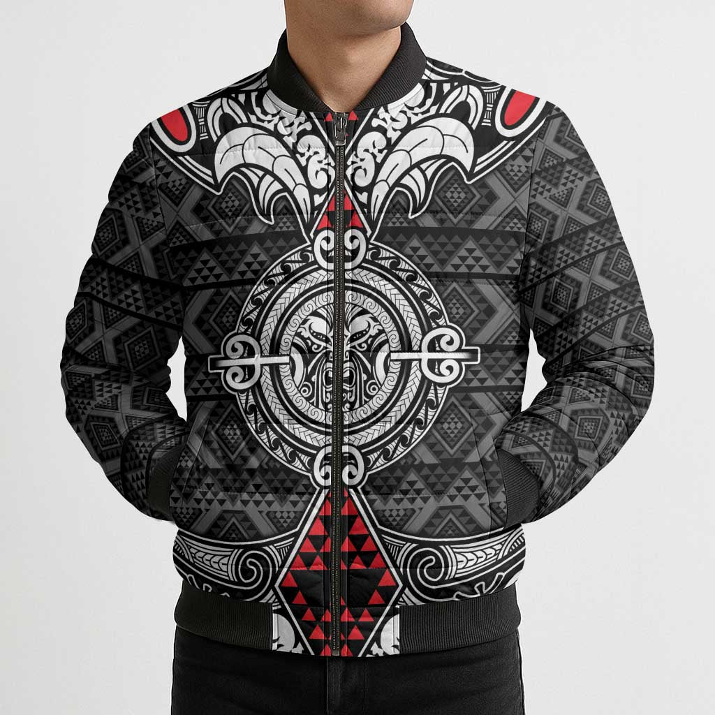 Black Aotearoa Taniko Motif Bomber Puffer Jacket Vintage Maori New Zealand Tribal Art Pattern - Polynesian Pride