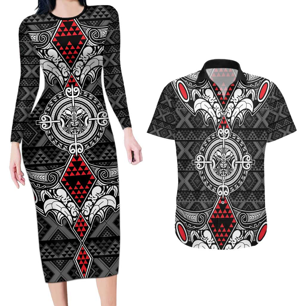 Black Aotearoa Tanilo Motif Couples Matching Long Sleeve Bodycon Dress and Hawaiian Shirt Vintage Maori New Zealand Tribal Art Pattern