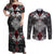 Black Aotearoa Tanilo Motif Couples Matching Off Shoulder Maxi Dress and Long Sleeve Button Shirt Vintage Maori New Zealand Tribal Art Pattern