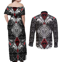 Black Aotearoa Tanilo Motif Couples Matching Off Shoulder Maxi Dress and Long Sleeve Button Shirt Vintage Maori New Zealand Tribal Art Pattern