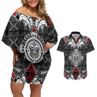 Black Aotearoa Tanilo Motif Couples Matching Off Shoulder Short Dress and Hawaiian Shirt Vintage Maori New Zealand Tribal Art Pattern