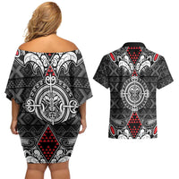 Black Aotearoa Tanilo Motif Couples Matching Off Shoulder Short Dress and Hawaiian Shirt Vintage Maori New Zealand Tribal Art Pattern