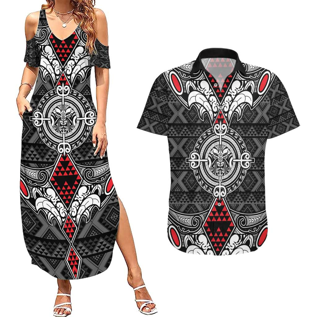 Black Aotearoa Tanilo Motif Couples Matching Summer Maxi Dress and Hawaiian Shirt Vintage Maori New Zealand Tribal Art Pattern
